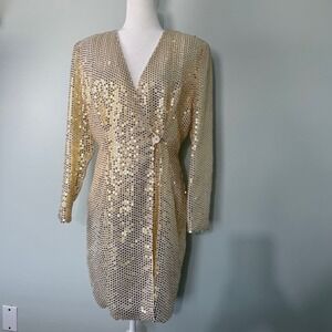 ABS Evening Womens Gold Sequin Wrap Style V Neck Long Sleeve Dress Size 12